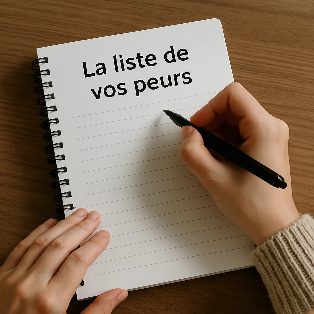 Main écrivant dans un carnet intitulé « La liste de vos peurs »