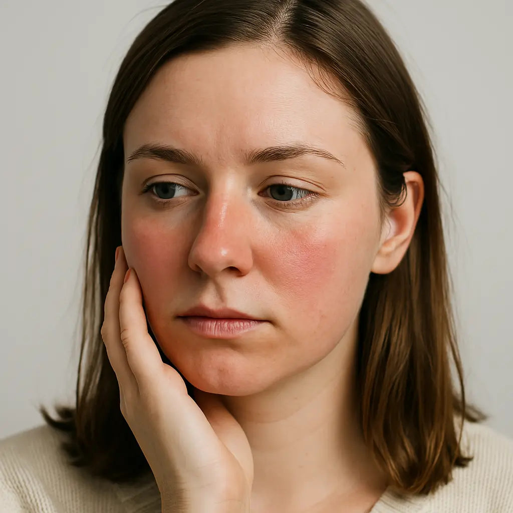 Femme au visage rougissant, l’air préoccupé, illustrant l’anxiété liée à la peur de rougir
