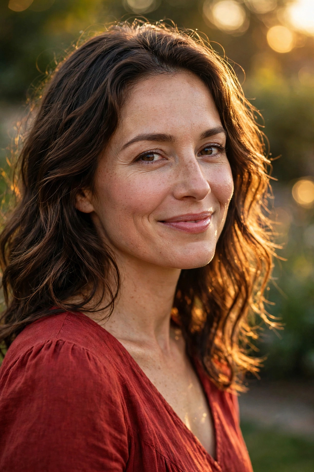 Femme souriante et apaisée dans la lumière du soleil