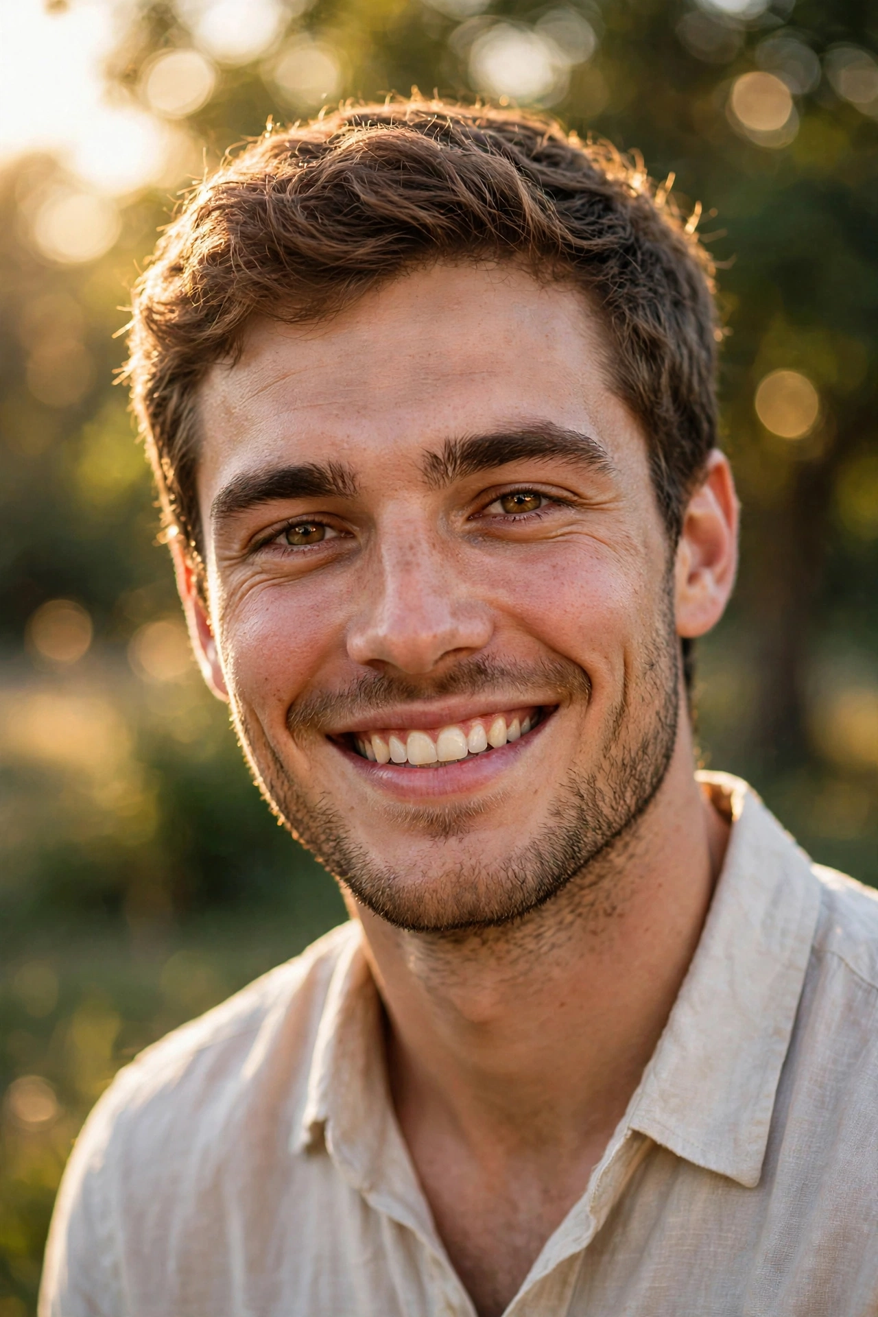 Jeune homme souriant et détendu en lumière naturelle